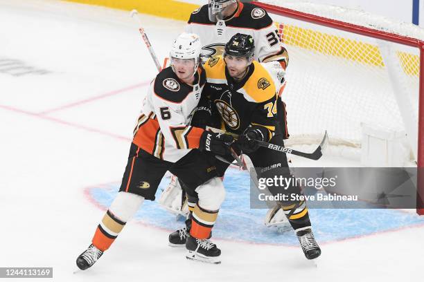 Ryan Strome of the Anaheim Ducks against Jake DeBrusk of the Boston Bruins at the TD Garden on October 20, 2022 in Boston, Massachusetts.