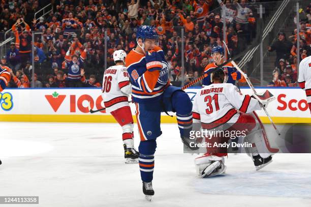 Zach Hyman of the Edmonton Oilers celebrates after a goal during the game against the Carolina Hurricanes on October 20, 2022 at Rogers Place in...