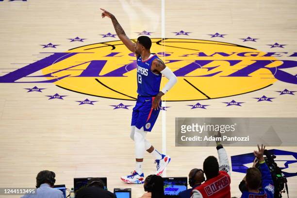 Paul George of the LA Clippers celebrates during the game against the Los Angeles Lakers on October 20, 2022 at Crypto.Com Arena in Los Angeles,...