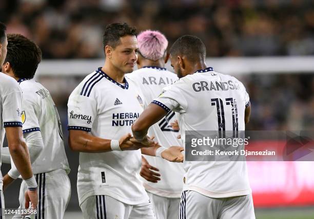 Javier Hernandez of Los Angeles Galaxy congratulates Samuel Grandsir of Los Angeles Galaxy after he scored a goal agaist Los Angeles FC during the...
