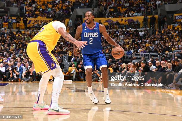 Kawhi Leonard of the LA Clippers dribbles the ball during the game against the Los Angeles Lakers on October 20, 2022 at Crypto.com Arena in Los...