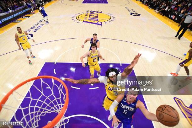 Luke Kennard of the LA Clippers drives to the basket during the game against the Los Angeles Lakers on October 20, 2022 at Crypto.Com Arena in Los...