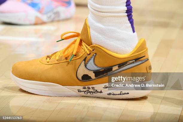 The sneakers worn by LeBron James of the Los Angeles Lakers during the game against the LA Clippers on October 20, 2022 at Crypto.com Arena in Los...