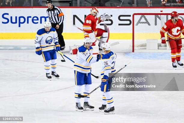 Buffalo Sabres Center Tage Thompson celebrates a goal with Buffalo Sabres Defenceman Rasmus Dahlin during the second period of an NHL game between...