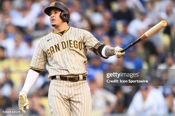 San Diego Padres third baseman Manny Machado watches his solo home run during the NLDS Game 2 between the San Diego Padres and the Los Angeles...