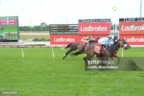 Sheer Class ridden by Jamie Mott wins the Book Fillies & Colts on Cup Day 4YO+ Maiden Plate at Cranbourne Racecourse on October 21, 2022 in...