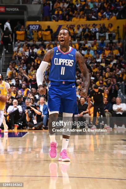 John Wall of the LA Clippers reacts to a play during the game against the Los Angeles Lakers on October 20, 2022 at Crypto.com Arena in Los Angeles,...
