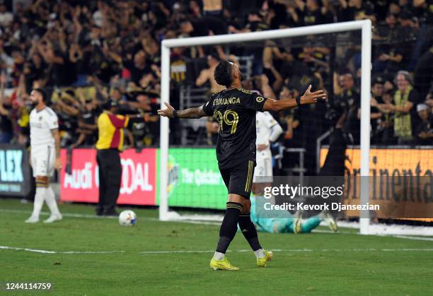 Denis Bouanga of Los Angeles FC celebrates the winning goal by Cristian Arango against Los Angeles Galaxy during the second half of the Western...