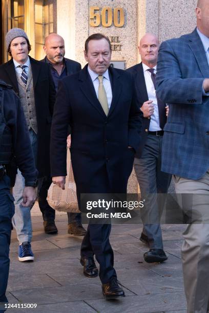 Kevin Spacey is seen leaving court after being cleared of sexual assault charges on October 20, 2022 in New York.