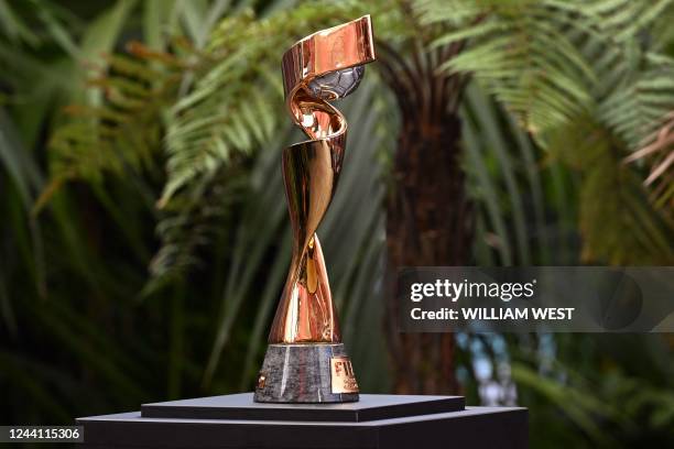 The World Cup trophy is displayed at an official Maori welcome a day before the football draw ceremony for the Australia and New Zealand 2023 FIFA...