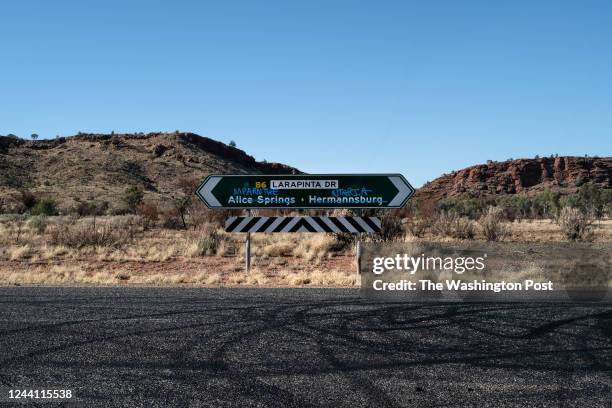Colonial names of indigenous areas crossed out and replaced with the aboriginal names are seen on a road sign on August 17, 2022 near Simpsons Gap,...