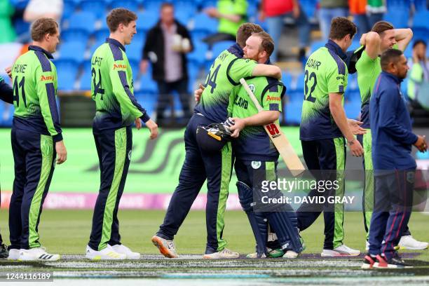 Ireland's Paul Stirling celebrates victory with teammates after the ICC mens Twenty20 World Cup 2022 cricket match between West Indies and Ireland at...