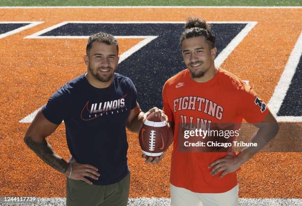 Illinois running back Chase Brown, left, and his twin brother, safety Sydney Brown, at Memorial Stadium on Oct. 19 in Champaign, Illinois.