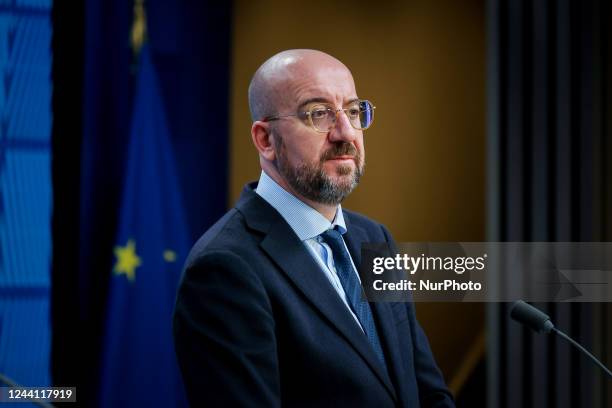 Charles Michel President of the European Council talks to the media and answers questions of journalists at a joint press conference with Ursula von...