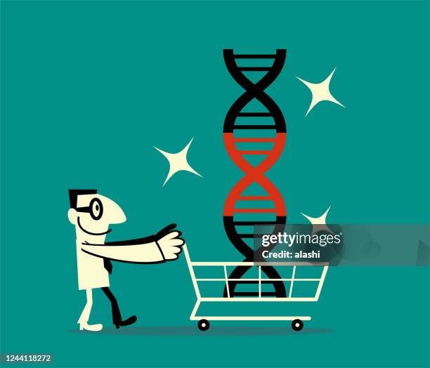 man pushing a shopping cart with genetically modified food. genetic engineering, gmo and gene manipulation concept - genetic screening stock illustrations