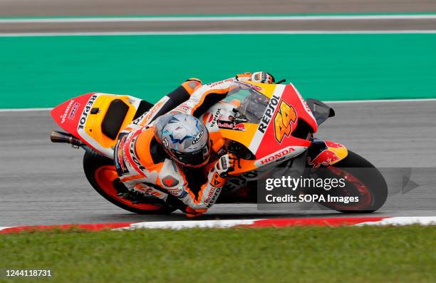 Spanish rider Pol Espargaro of Repsol Honda Team steers his bike during the MotoGP free practice session of the Petronas Grand Prix of Malaysia at...