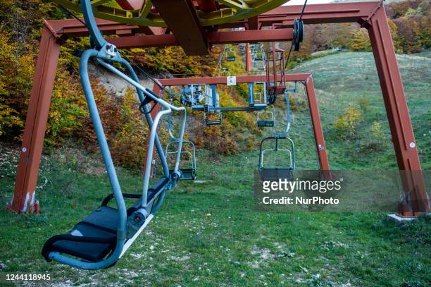 General view of the disused and abandoned ski lifts on Mount Terminillo. Rieti, Italy, October 2022.