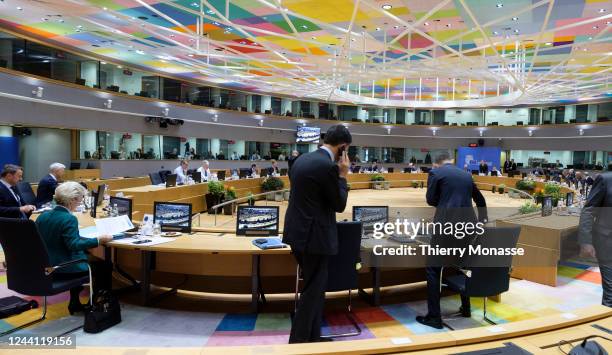 Leaders attend the second day of an EU Summit in the Europa building, the EU Council headquarter on October 21, 2022 in Brussels, Belgium. European...