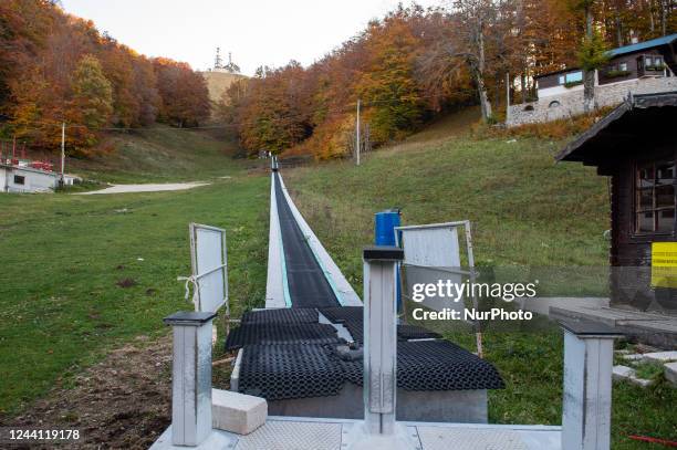 General view of the disused and abandoned ski lifts on Mount Terminillo. Rieti, Italy, October 2022.