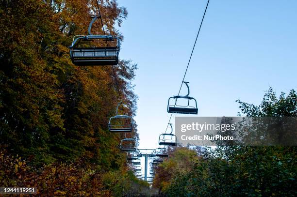 General view of the disused and abandoned ski lifts on Mount Terminillo. Rieti, Italy, October 2022.