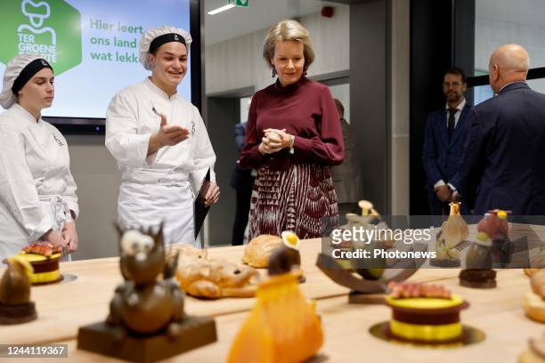 Her Majesty the Queen is visiting the Ter Groene Poorte school in Bruges. The Queen is guided by the students in the bakery, the butcherÕs shop and...