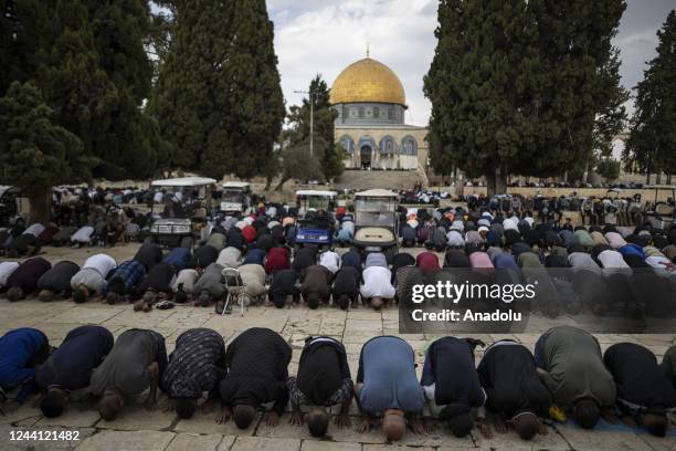 Muslims perform Friday prayer at Al-Aqsa Mosque in Jerusalem on October 21, 2022.