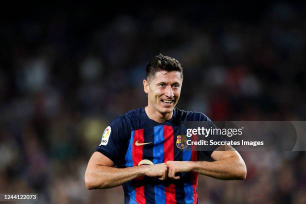 Robert Lewandowski of FC Barcelona celebrates goal 2-0 during the La Liga Santander match between FC Barcelona v Villarreal at the Spotify Camp Nou...