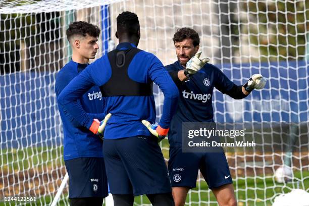 Kepa Arrizabalaga, Edouard Mendy and Goalkeeping Coach Ben Roberts of Chelsea during a training session at Chelsea Training Ground on October 21,...