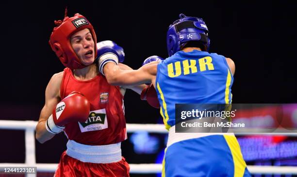 Budva , Montenegro - 21 October 2022; Stanimira Petrova of Bulgaria, left, in action against Anastasiia Kovalchuk of Ukraine n their bantamweight...