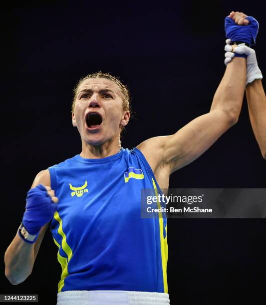 Budva , Montenegro - 21 October 2022; Anastasiia Kovalchuk of Ukraine celebrates after beating Stanimira Petrova of Bulgaria in their bantamweight...