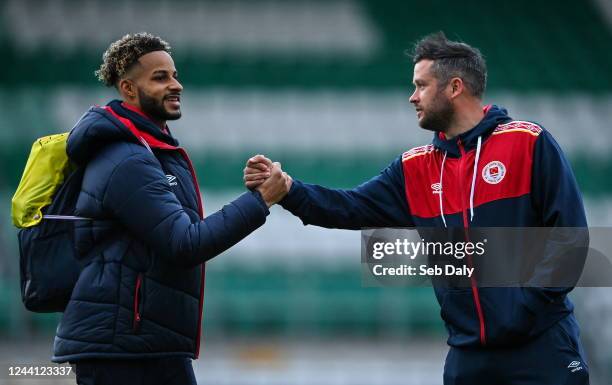 Dublin , Ireland - 21 October 2022; St Patrick's Athletic manager Tim Clancy, right, and Barry Cotter before the SSE Airtricity League Premier...