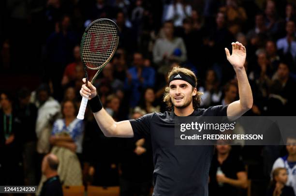 Greece's Stefanos Tsitsipas reacts after winning against Sweden's Mikael Ymer during the men's singles quarter-final match of the ATP Stockholm Open...