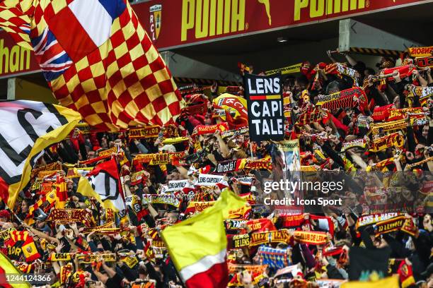 Fans Lens during the Ligue 1 Uber Eats match between Lens and Montpellier at Stade Felix Bollaert on October 15, 2022 in Lens, France.