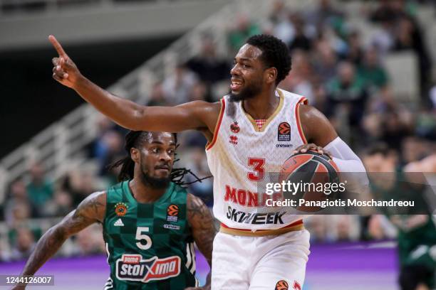 Paris Lee, #5 of Panathinaikos BC Athens competes with Jordan Loyd, #3 during the 2022/2023 Turkish Airlines EuroLeague Regular Season Round 4 match...