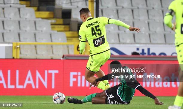 Charleroi's Nadhir Benbouali and Cercle's Jean Harisson Marcelin fight for the ball during a soccer match between Cercle Brugge and Sporting...