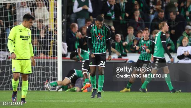 Cercle's Jean Harisson Marcelin celebrates during a soccer match between Cercle Brugge and Sporting Charleroi, Friday 21 October 2022 in Brugge, on...