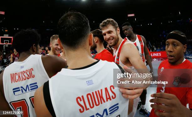 Sasha Vezenkov, #14 of Olympiacos Piraeus celebrates at the end of the 2022/2023 Turkish Airlines EuroLeague Regular Season Round 4 match between...