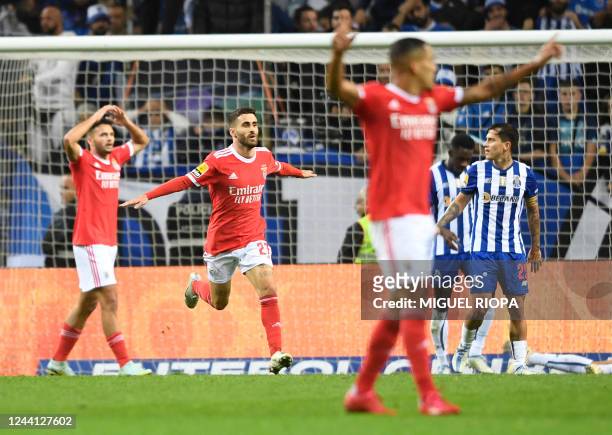 Benfica's Portuguese midfielder Rafa Silva celebrates after scoring his team's first goal during the Portuguese league football match between FC...
