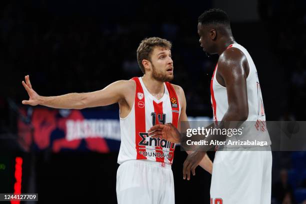 Sasha Vezenkov, #14 of Olympiacos Piraeus and Moustapha Fall, #10 of Olympiacos Piraeus during the 2022/2023 Turkish Airlines EuroLeague Regular...