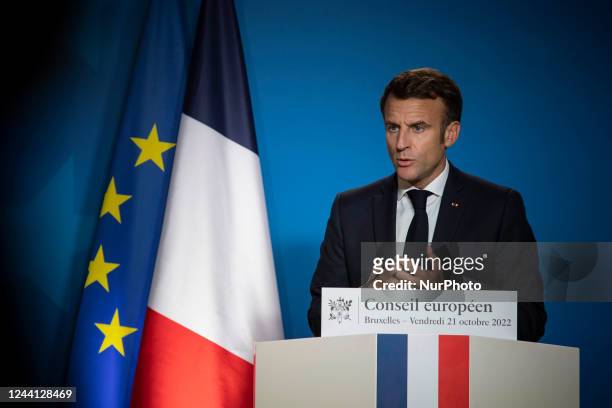 Emmanuel Macron President of the Republic of France talks to the media at a press conference in the Europa Building after the end of the second day...