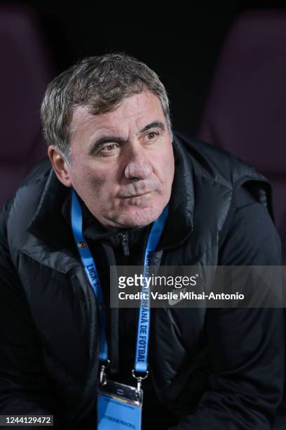 Coach of the Farul Constanta team, Gheorghe Hagi looks during the game between Rapid Bucuresti and Farul Constanta in Round 15 of Liga 1 Romania at...