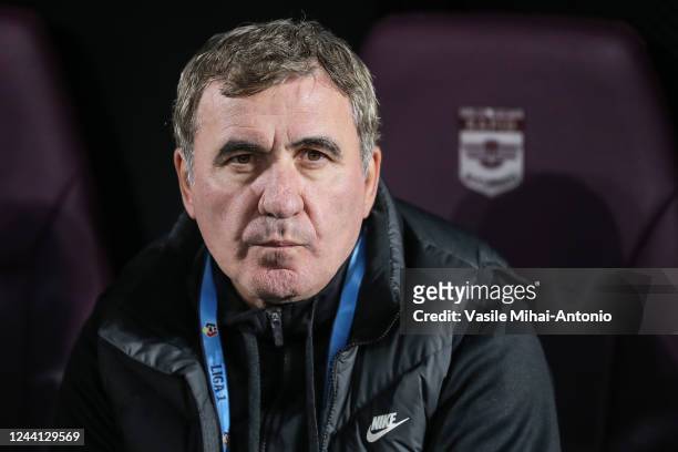 Coach of the Farul Constanta team, Gheorghe Hagi looks during the game between Rapid Bucuresti and Farul Constanta in Round 15 of Liga 1 Romania at...