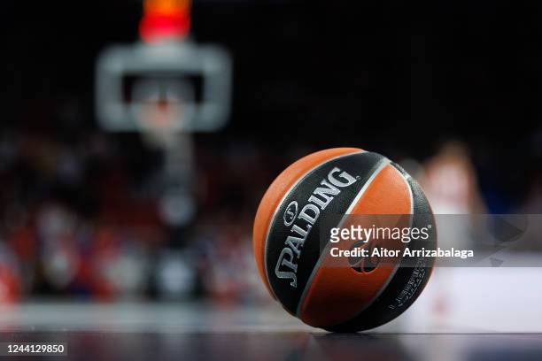 Detailed view of the game ball during the 2022/2023 Turkish Airlines EuroLeague Regular Season Round 4 match between Cazoo Baskonia Vitoria Gasteiz...
