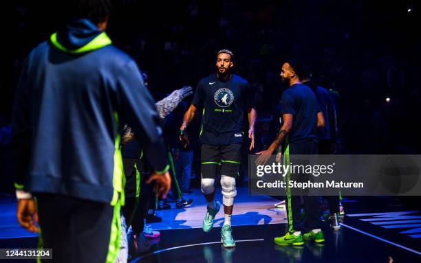 Rudy Gobert of the Minnesota Timberwolves is introduced before the game against his former team the Utah Jazz at Target Center on October 21, 2022 in...