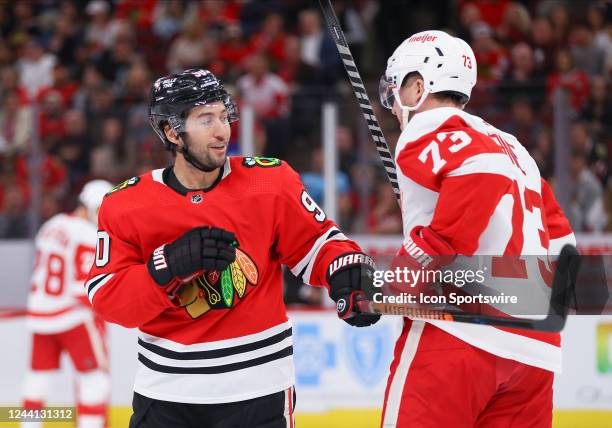 Detroit Red Wings left wing Adam Erne grabs Chicago Blackhawks center Tyler Johnson hockey stick during a game between the Detroit Red Wings and the...