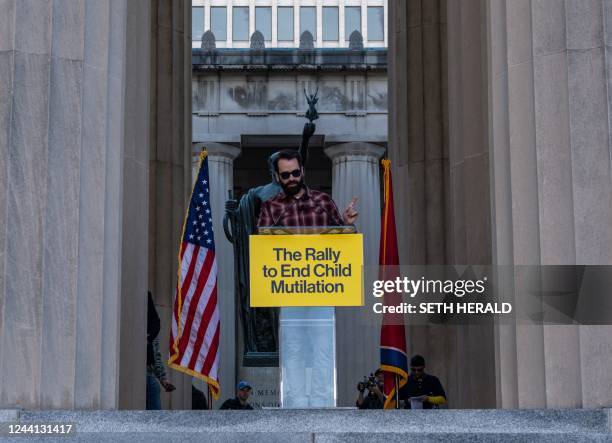 Matthew Walsh, a right-wing commentator for the right-wing news outlet "The Daily Wire", speaks during a rally against gender-affirming care in...
