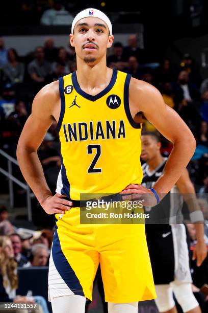 Andrew Nembhard of the Indiana Pacers looks on against the San Antonio Spurs on October 21, 2022 at Gainbridge Fieldhouse in Indianapolis, Indiana....