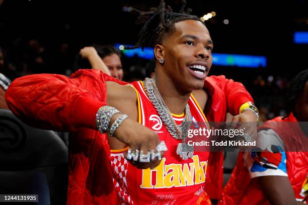 Rapper, Lil Baby attends the game between the Orlando Magic and Atlanta Hawks during the second half at State Farm Arena on October 21, 2022 in...