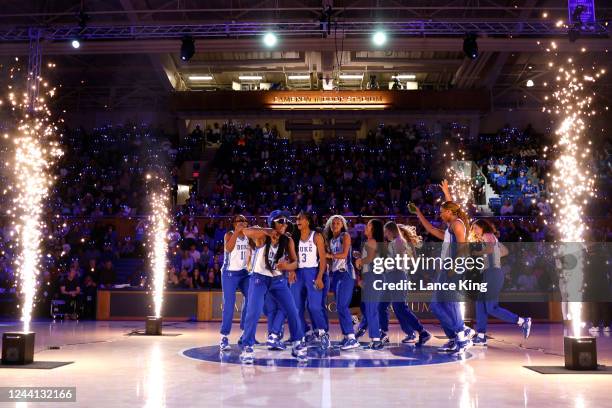 Players of the Duke Womens basketball team dance at during Countdown to Craziness at Cameron Indoor Stadium on October 21, 2022 in Durham, North...