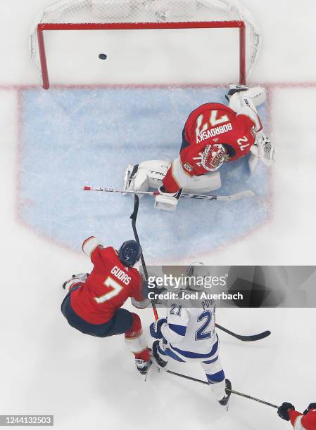 Brayden Point of the Tampa Bay Lightning scores the game winning goal past Goaltender Sergei Bobrovsky of the Florida Panthers in overtime at the FLA...